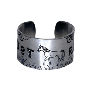 Handmad 9/10 stamped Just‎ Ride Horse scene silver adjustable wide cuff ring